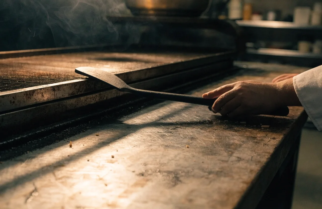 A cook's hand on the spatula at the edge of the grill at the end of service