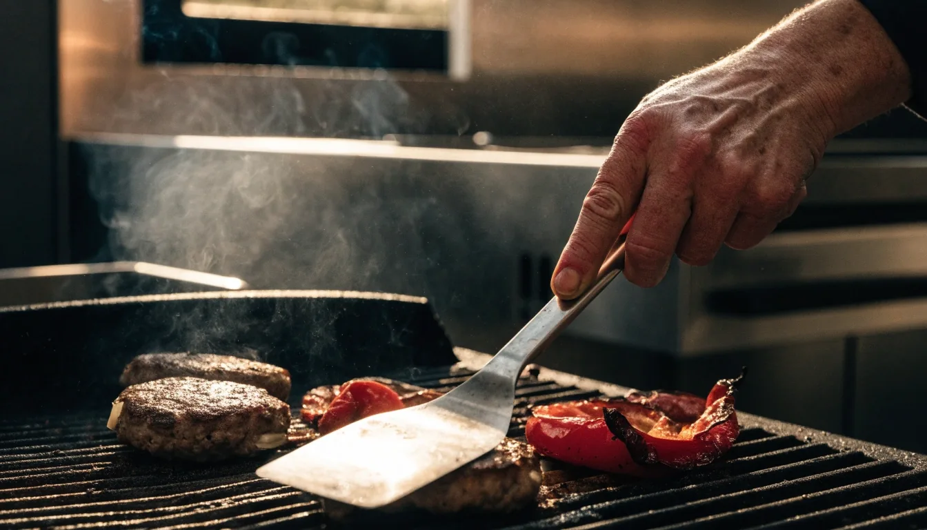 Cook turning burgers and peppers on the grill grate at Chiposte Grill