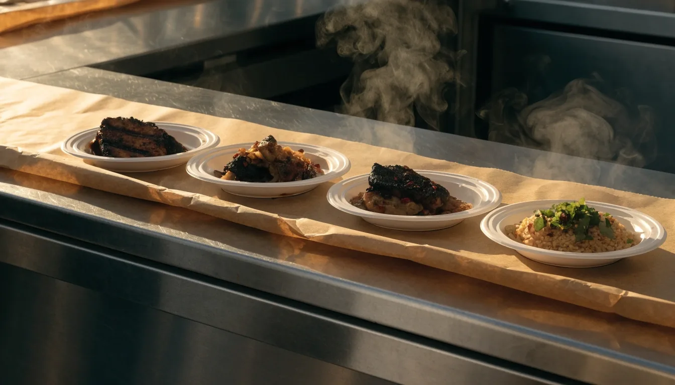 Takeout plates lined up on warm paper at the pass
