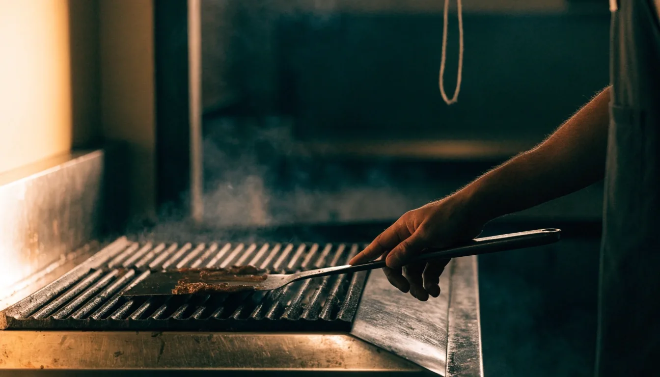 The Chiposte Grill storefront at dusk with a takeout order leaving the door