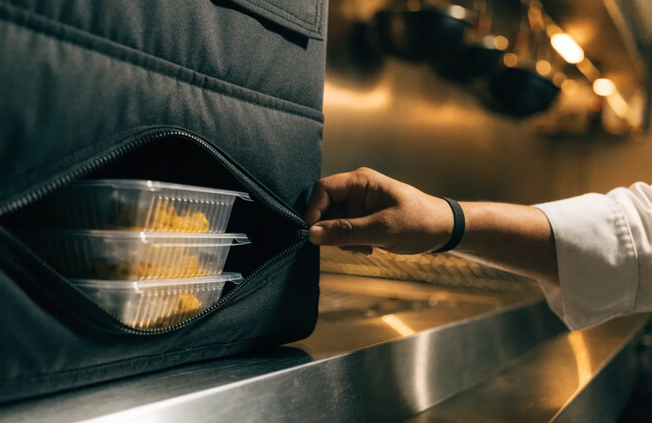 A folded takeout bag waiting on the steel pass counter at Chiposte Grill