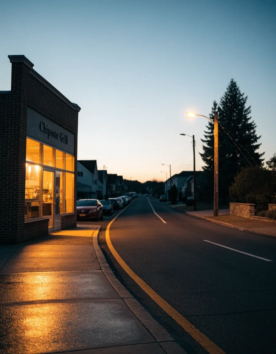 Chiposte Grill storefront glowing on West Irving Park Road at dusk in Chicago