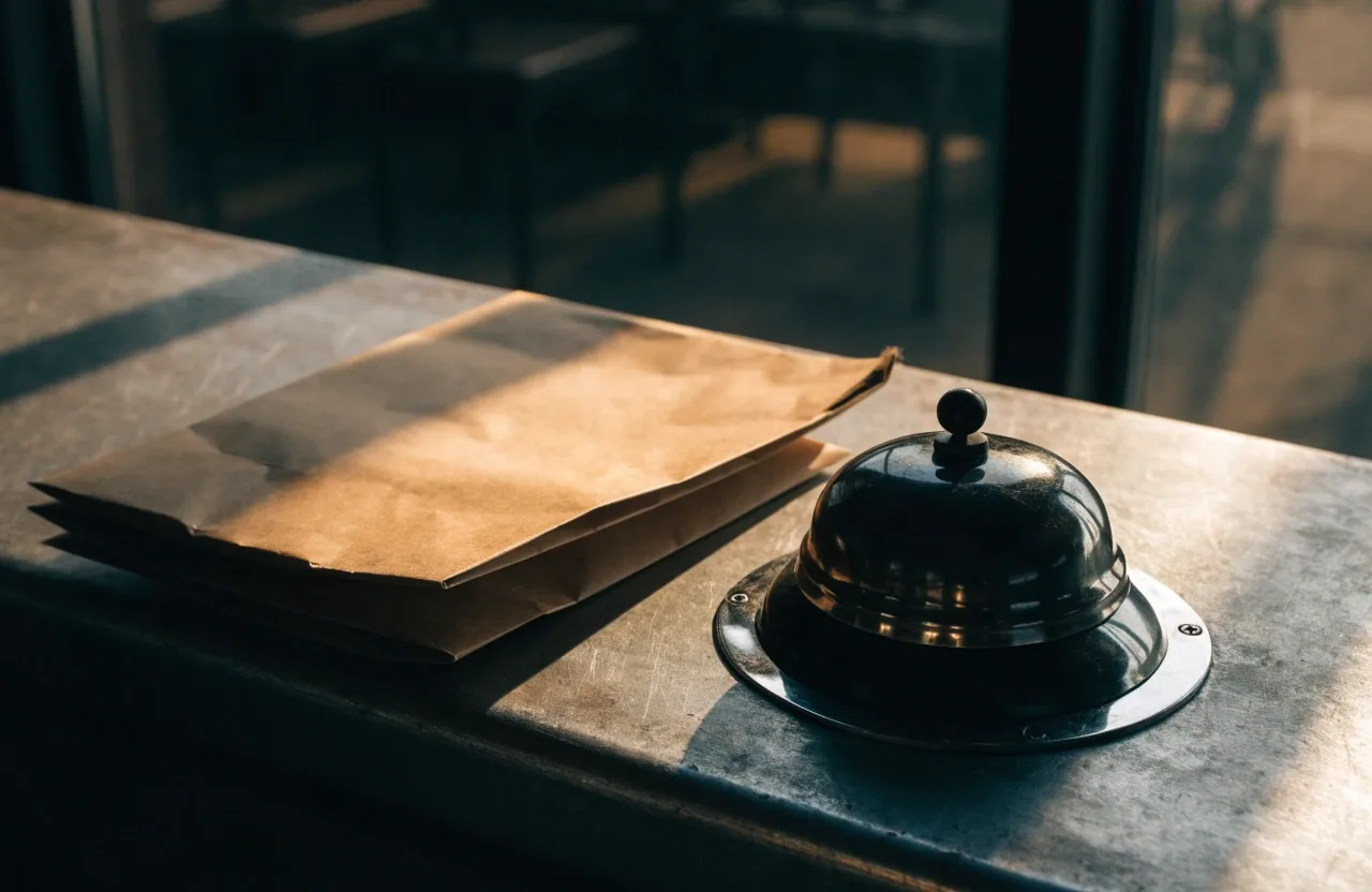 Takeout bag and service bell resting on the counter at Chiposte Grill under late afternoon light