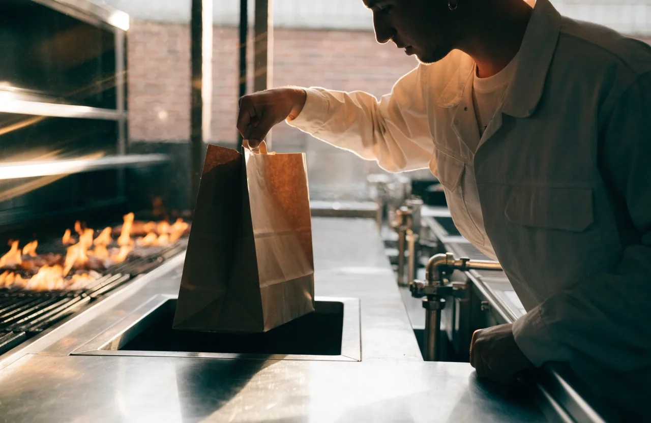 Two sealed takeout bags waiting on the stainless steel pass at Chiposte Grill