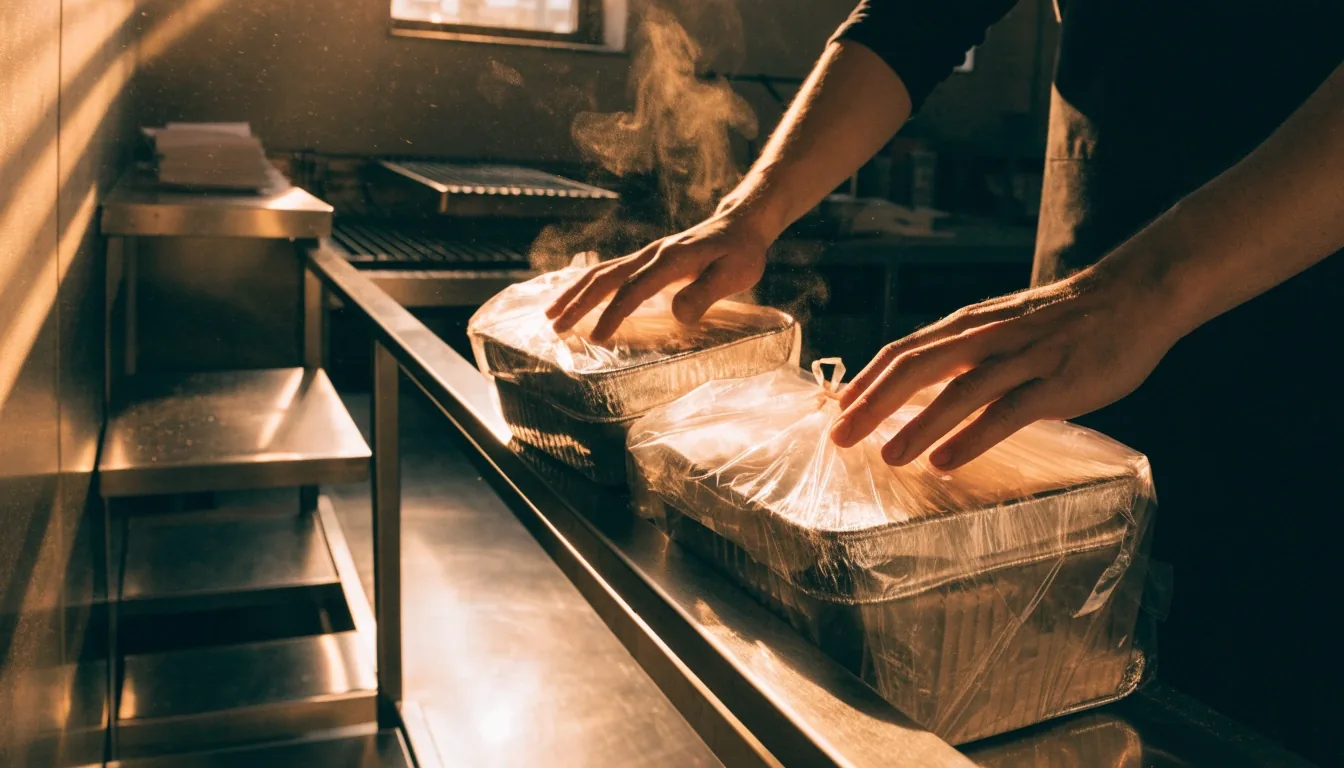 A takeout bag being folded and taped at the pass counter