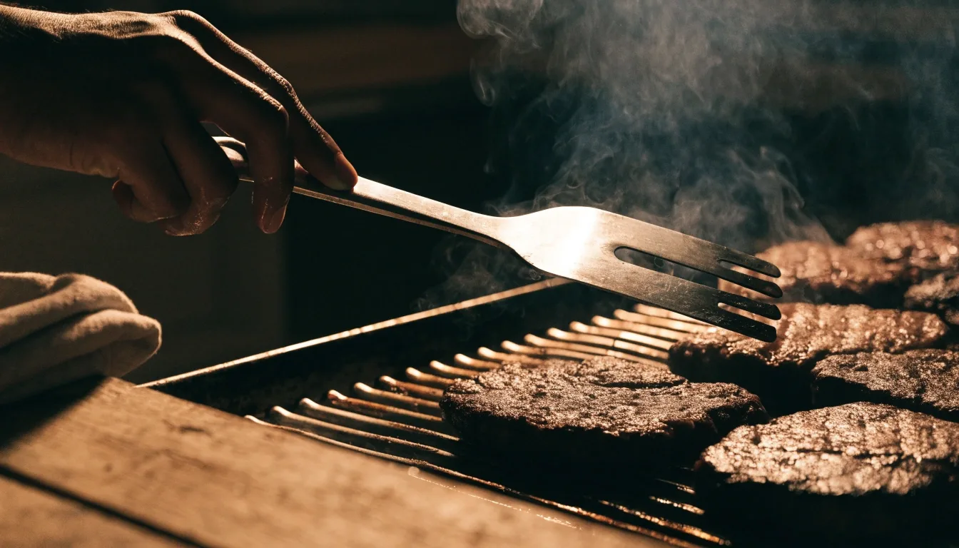 A cook's hand at the grill with a spatula over searing patties