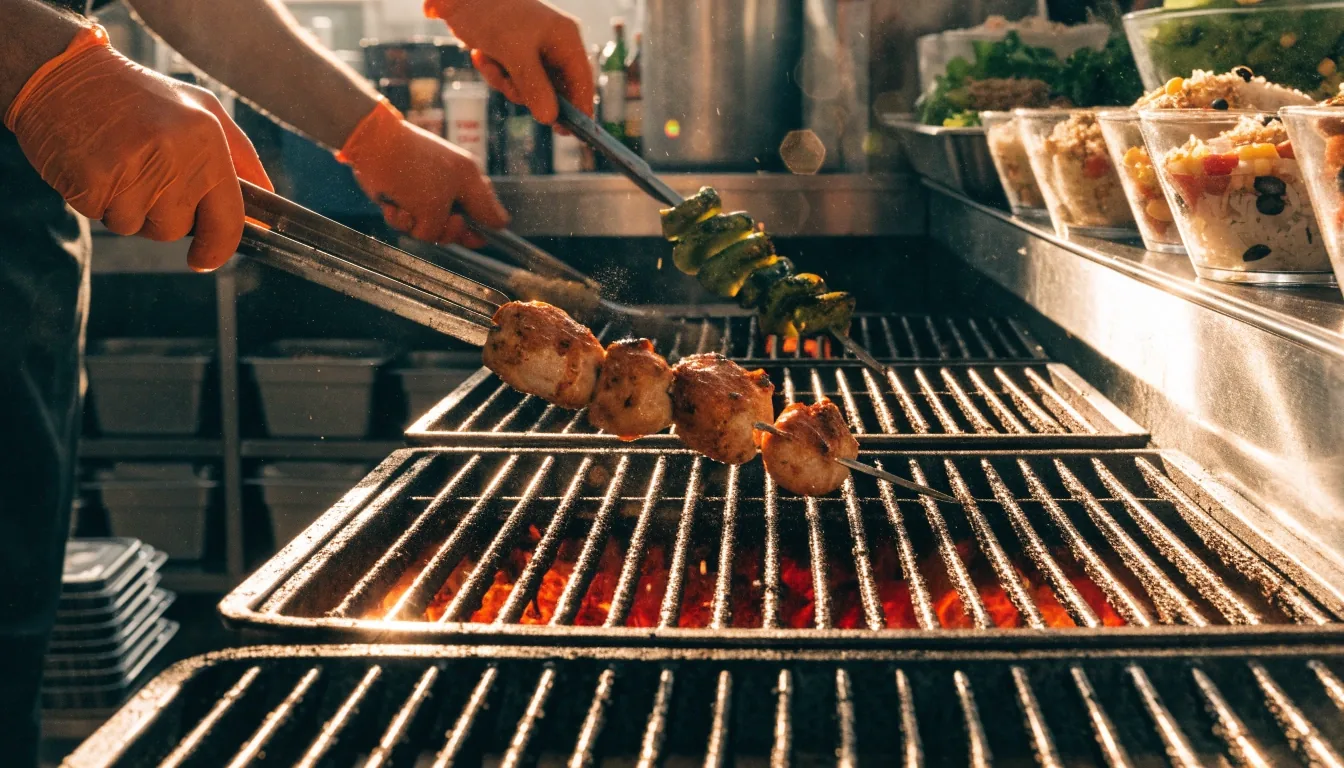 A cook turning grilled items on the flat grill at Chiposte Grill