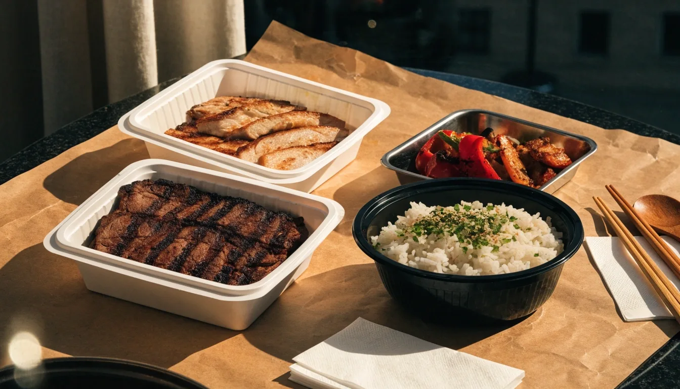 A takeout spread of grilled plates and a rice bowl on warm paper
