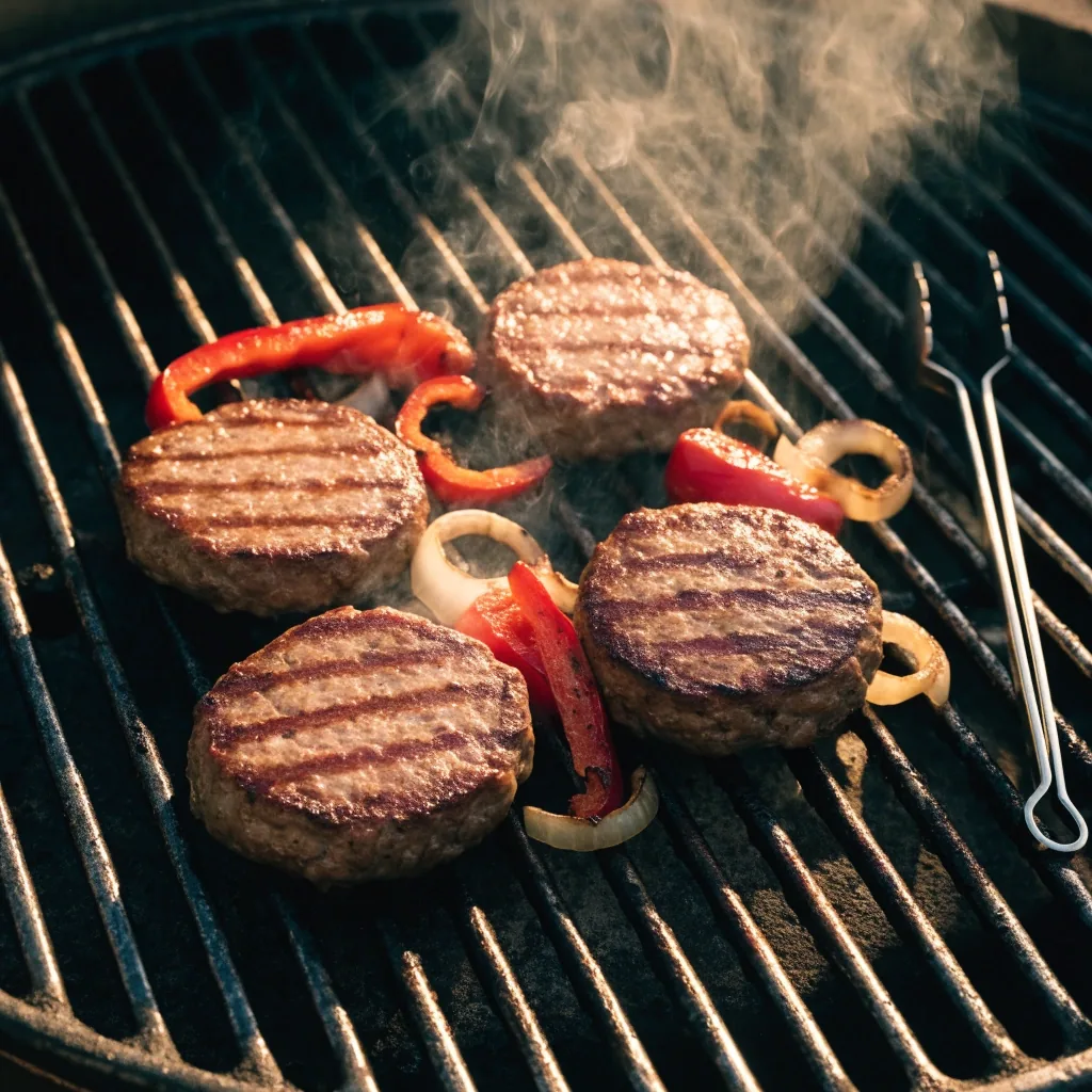 Burgers and peppers searing on the grill grate at Chiposte Grill