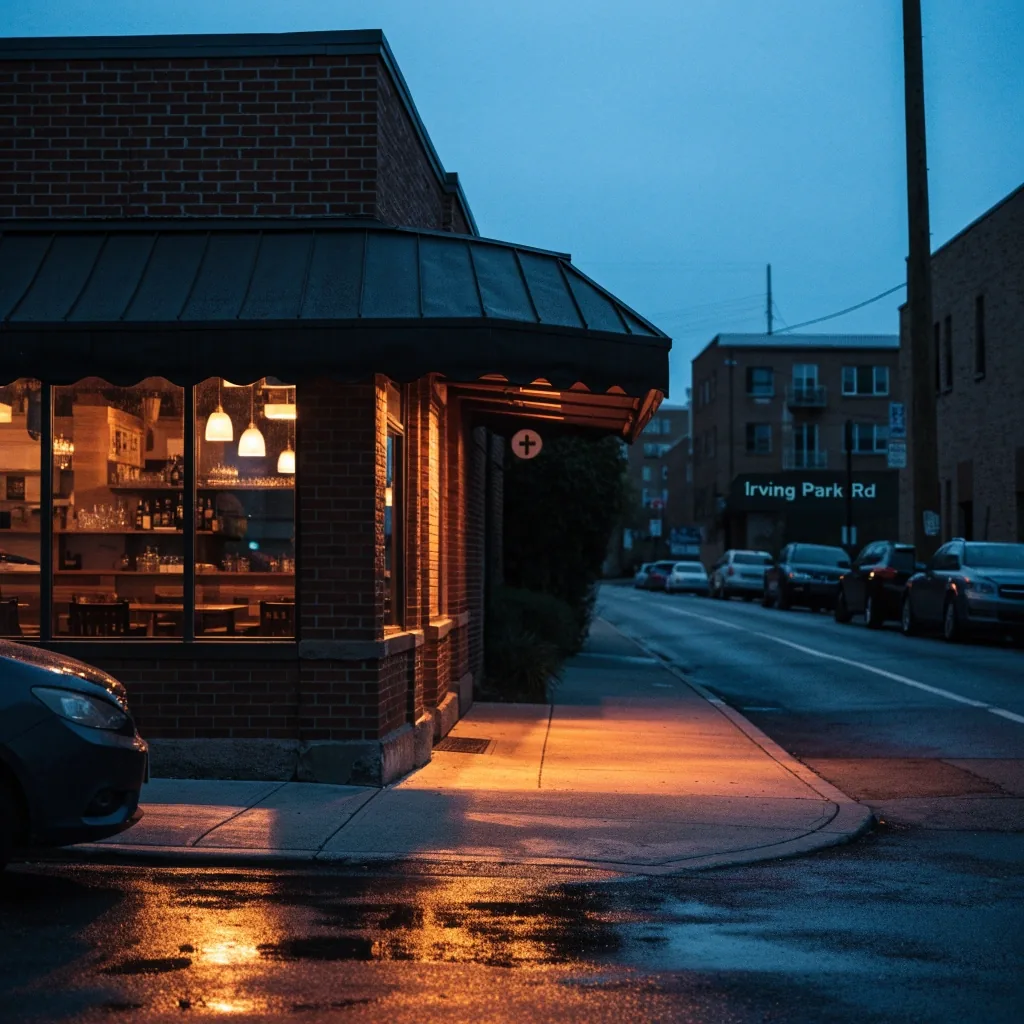 The Chiposte Grill storefront at dusk on Irving Park Rd