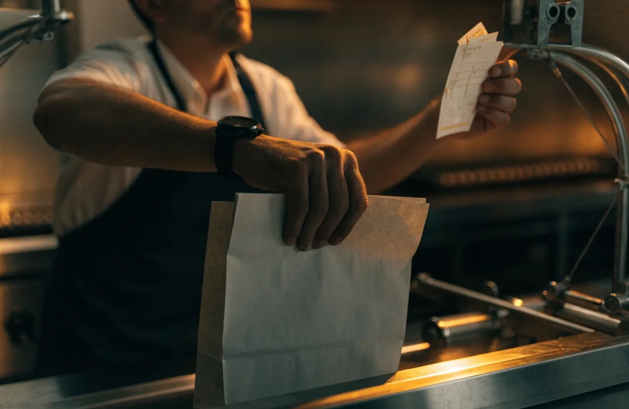 A takeout bag and order slip being checked item by item on a wooden counter