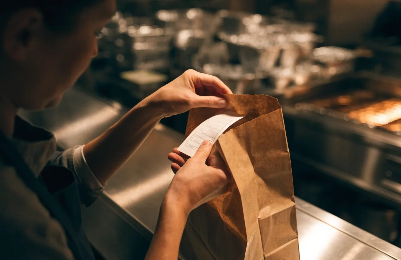 A cook's hands setting a bag of takeout food on the pass counter of a small grill restaurant at golden hour