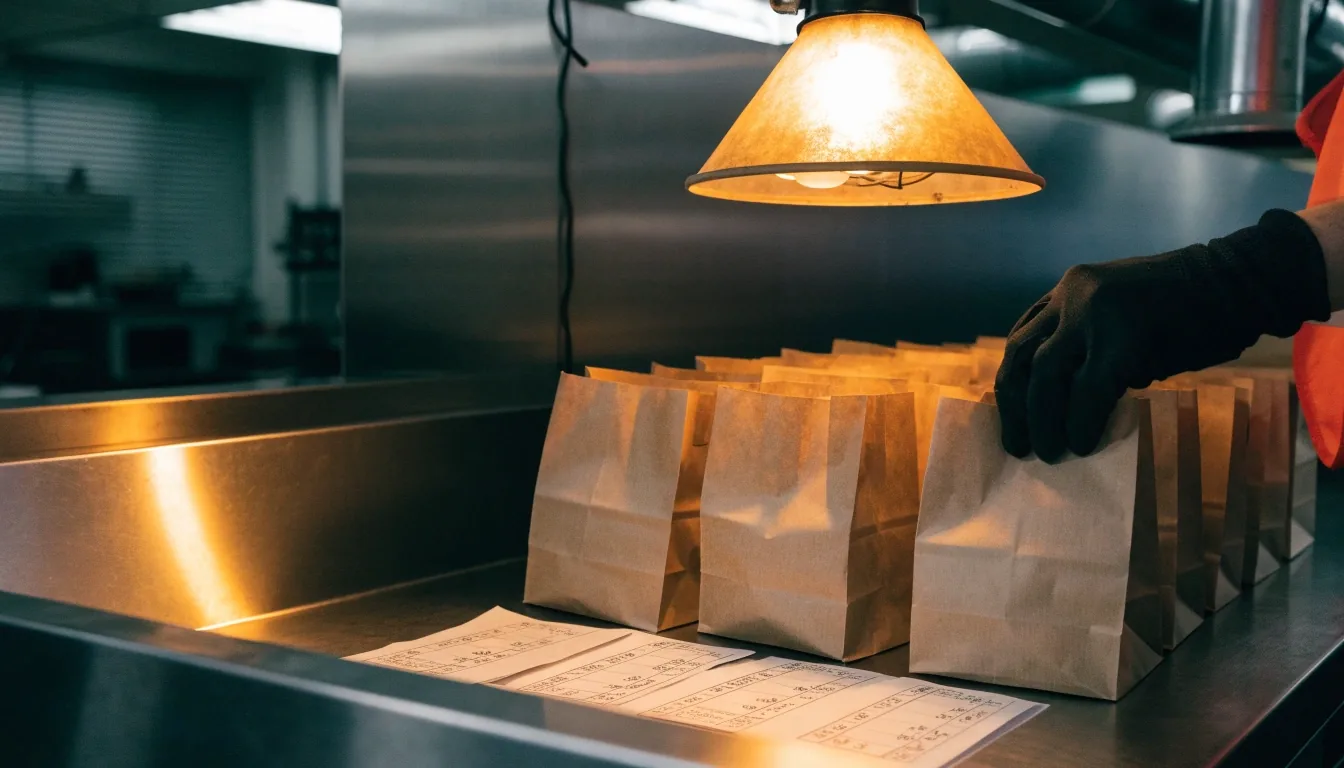 Folded takeout bags and stacked order slips waiting on a stainless steel pass counter under a warm lamp