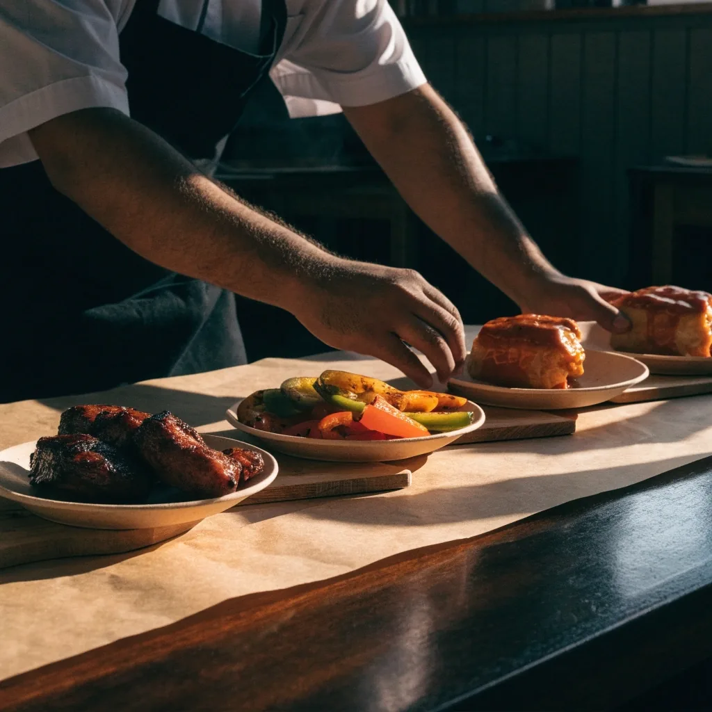Chiposte Grill takeout plates arranged in a row on warm paper