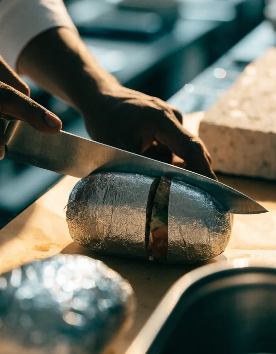 Cook wrapping a grill handheld in paper at the kitchen pass