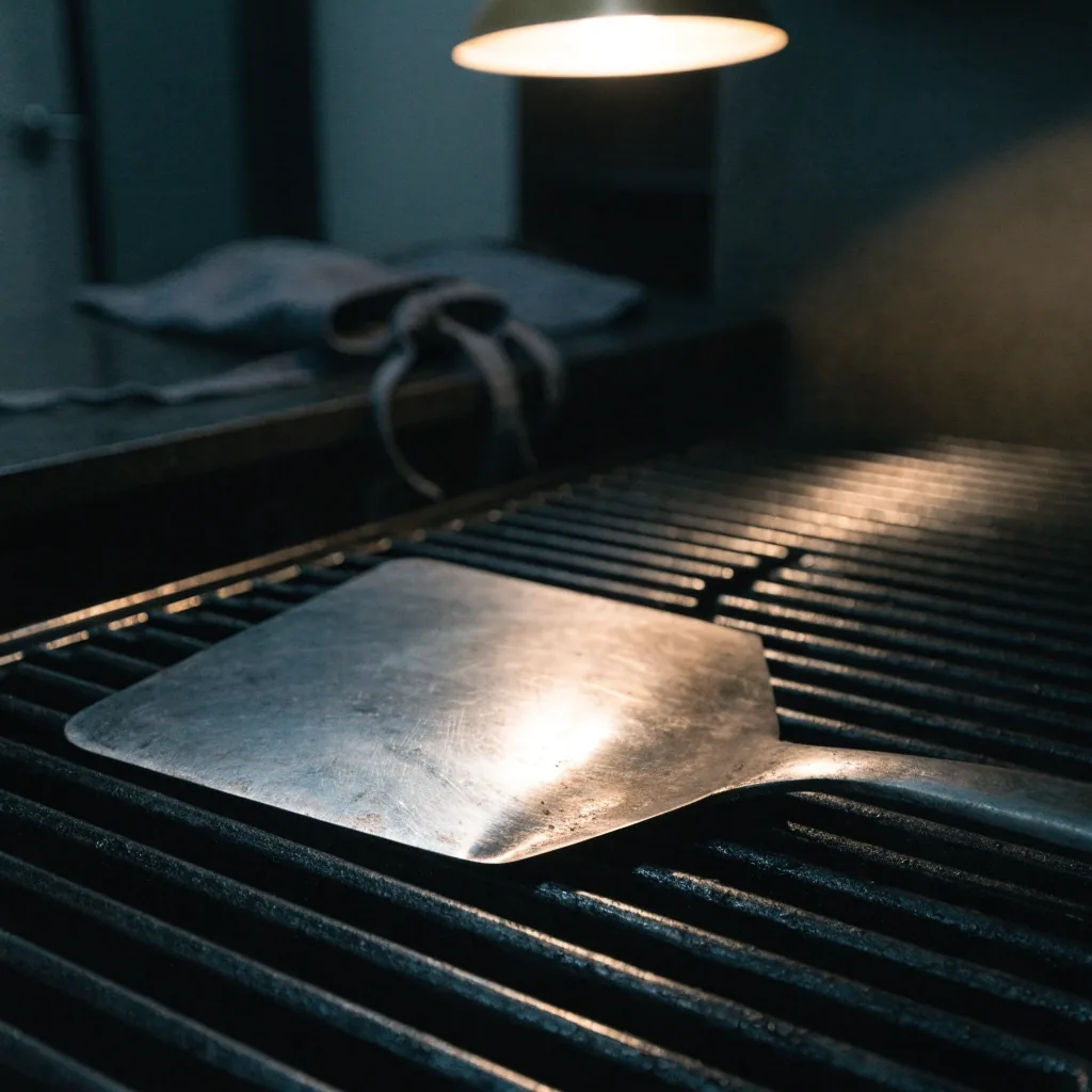 A cook's hand and spatula at the grill under warm late-evening kitchen light