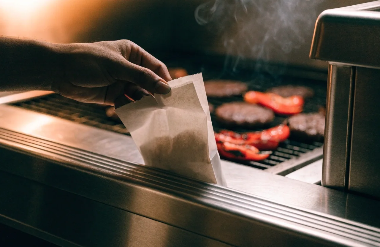 A cook working the grill at golden hour with takeout bags waiting at the pass