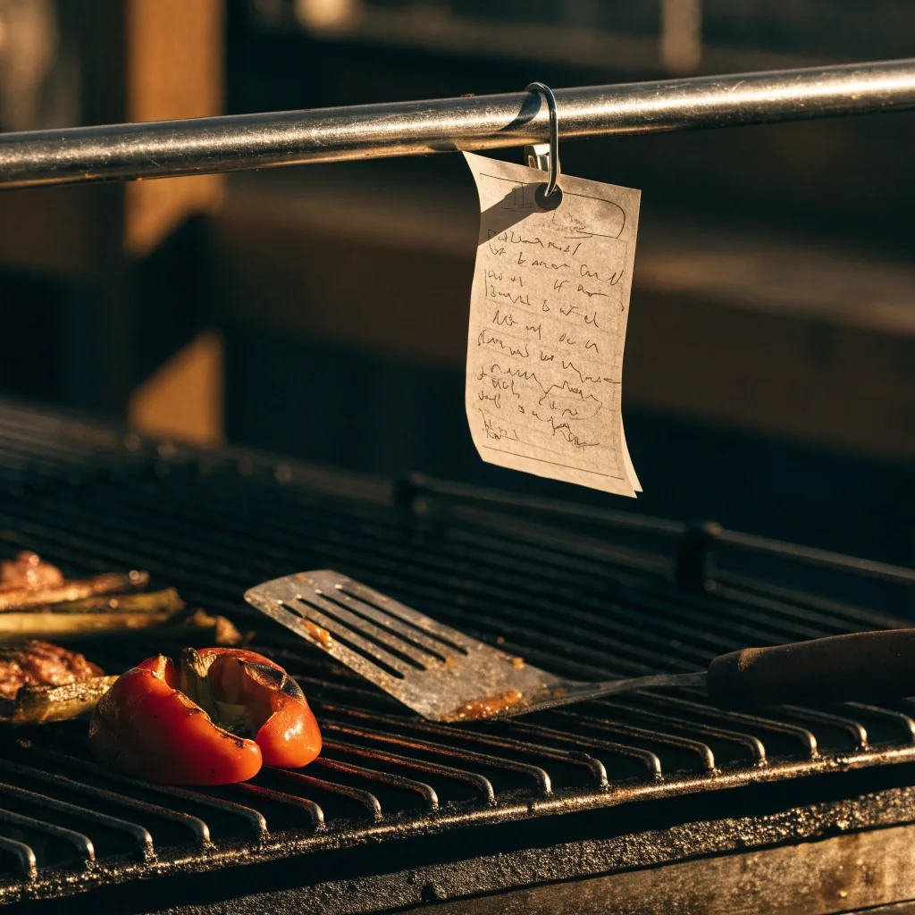 An order ticket clipped on the rail above a short-order grill, lit by late afternoon light