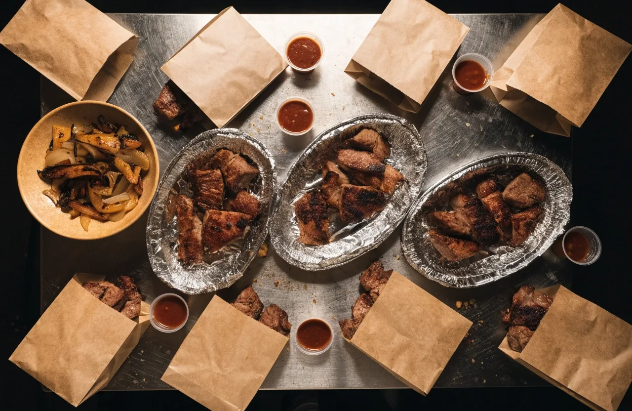 Takeout plates lined up on kraft paper along the pass counter, in warm afternoon light