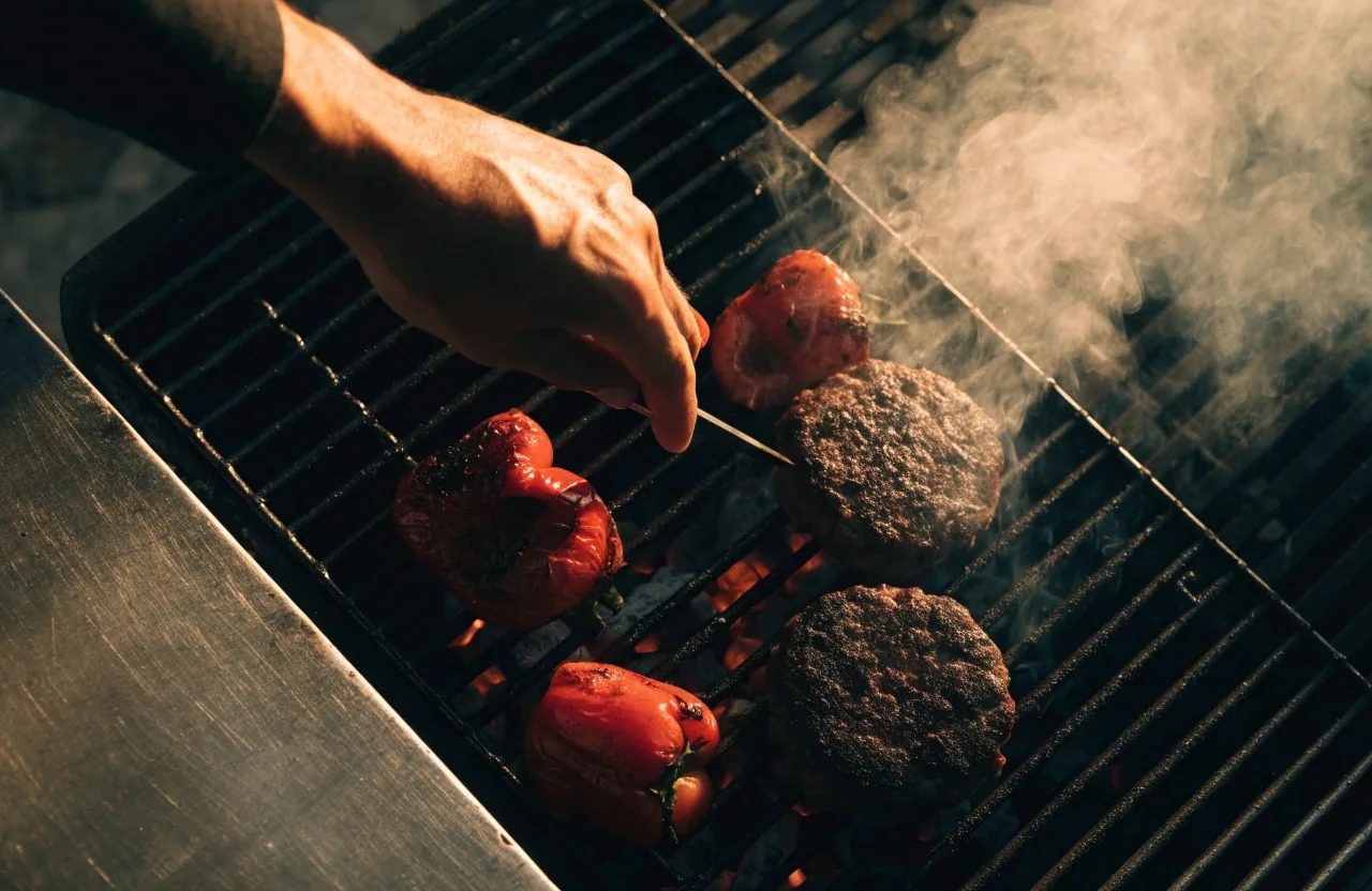 A hand turning burgers and peppers on the grill grate under warm sidelight