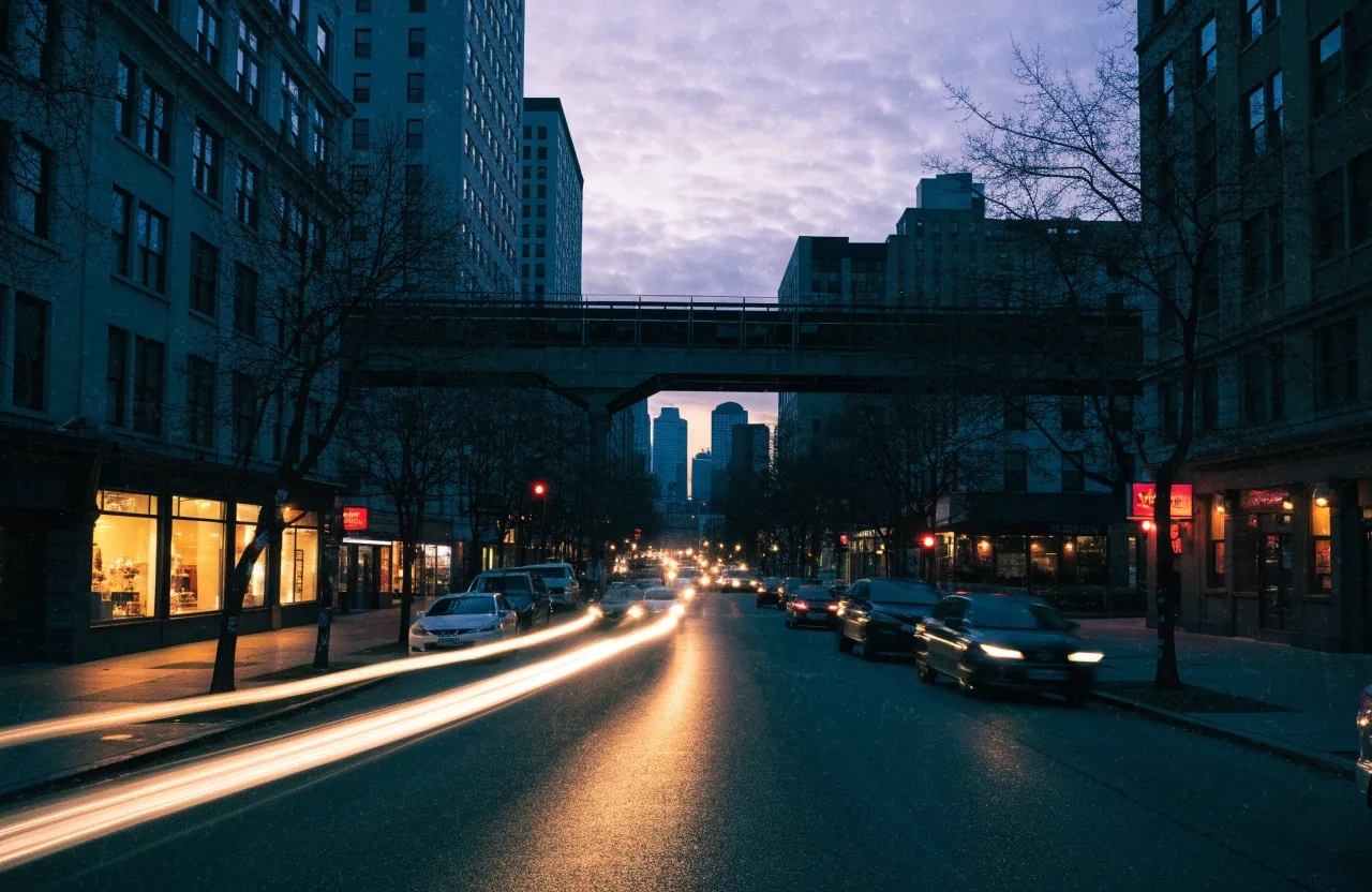 A Northwest Side Chicago avenue at blue hour with lit storefronts and headlights moving past