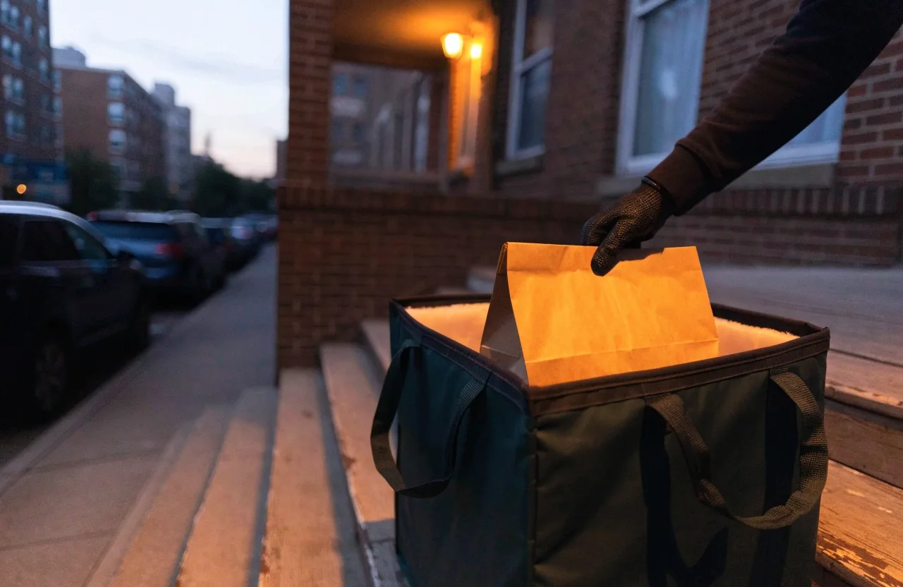A takeout bag being folded and set on the pass counter in a working grill kitchen