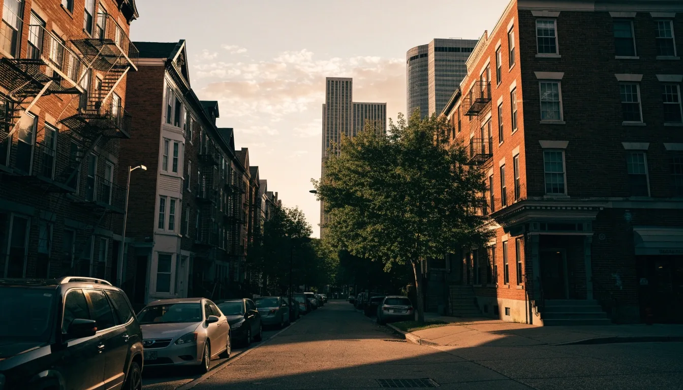 Chicago Northwest Side residential blocks and storefronts near Irving Park Road at golden hour