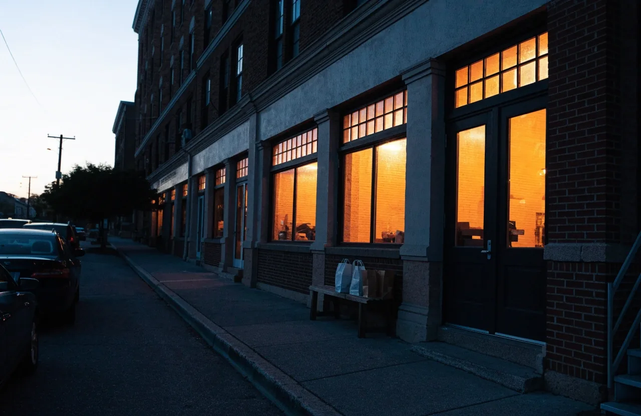 The grill's storefront on Irving Park Road at dusk, warm light spilling onto the sidewalk