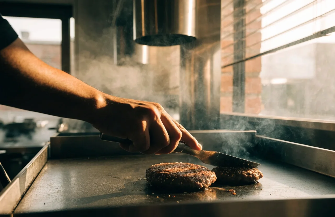 Cook working the flat-top griddle in the Chiposte Grill kitchen at golden hour