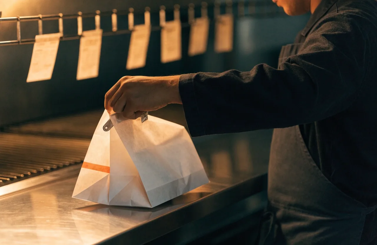 An order ticket resting on the steel counter of the Chiposte Grill kitchen in warm sidelight